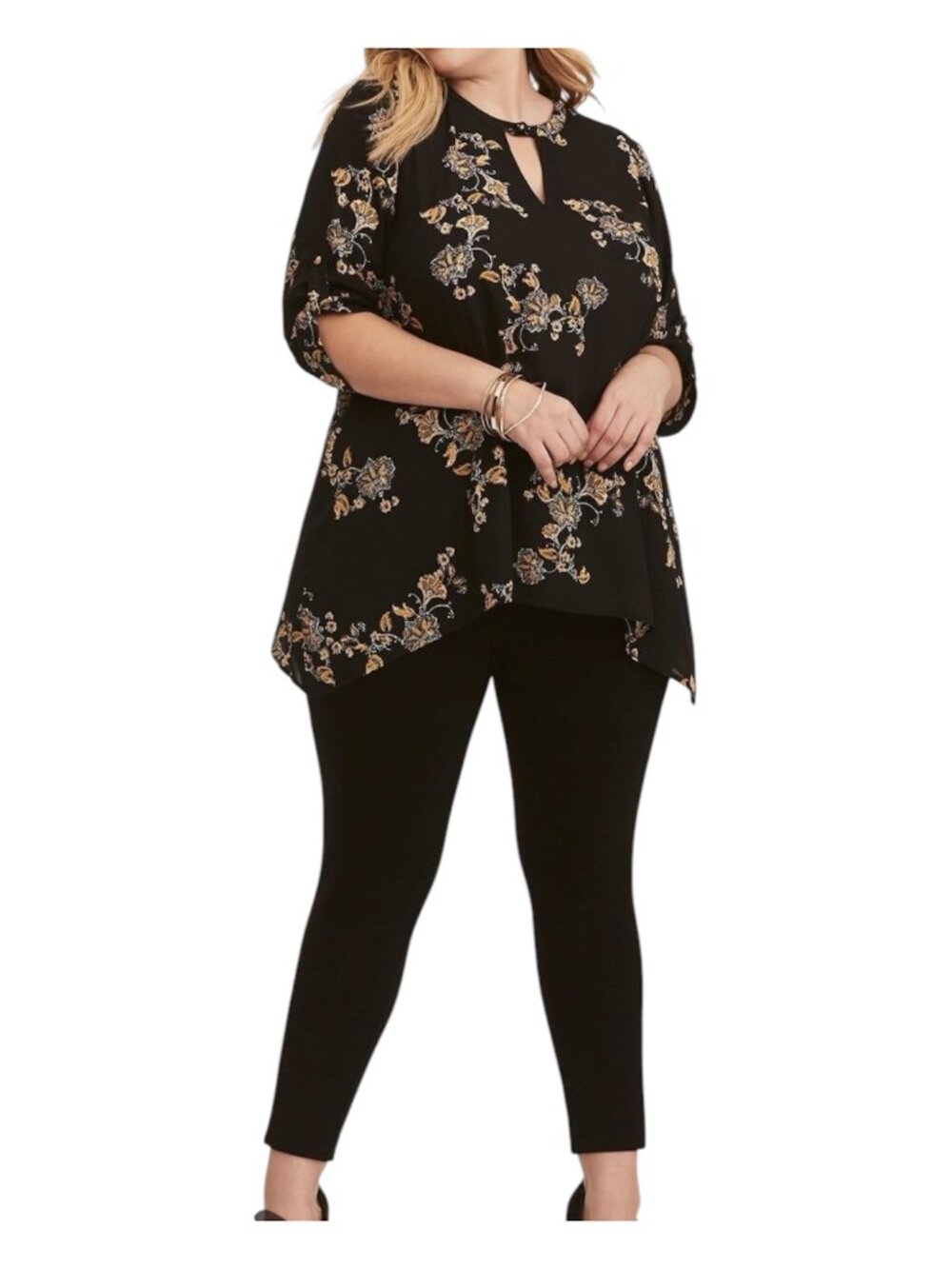 Torrid Women’s Plus Size 1 Black Floral Hi Low Tunic Blouse Roll Tab Sleeve